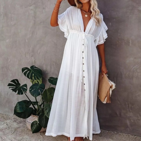 New White Sands Gauze Boho Button Flutter Maxi Butterfly Arms Dress - Picture 10 of 12